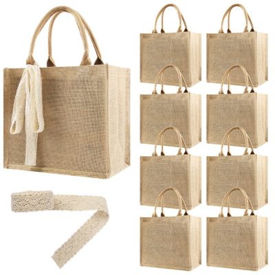 8 Pcs Burlap Tote Bags Bulk, Reusable Jute Tote Bag with 10Yd Ribbon Blank Burlap Gift Bag with Handle Waterproof Beach Tote Bag for Shopping Bridesmaid Gifts Bags 12.2''x10.6''x6.3''