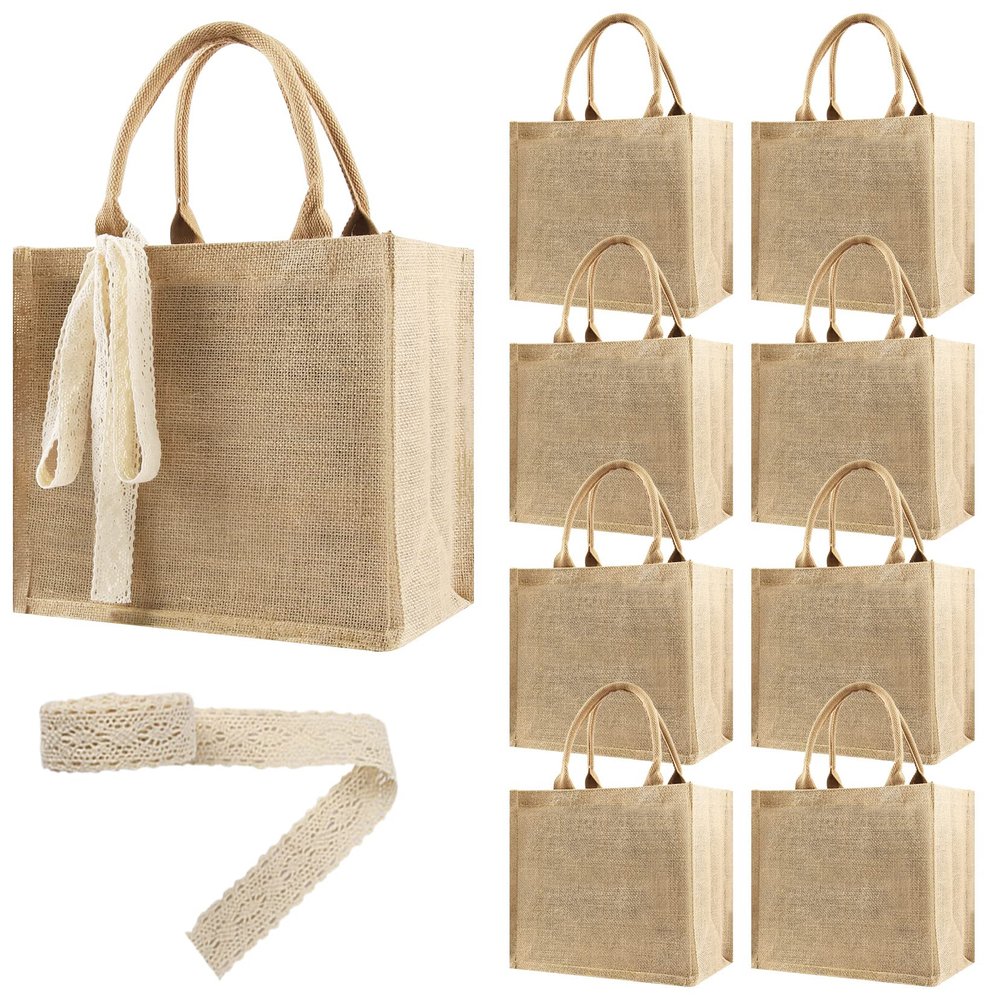 8 Pcs Burlap Tote Bags Bulk, Reusable Jute Tote Bag with 10Yd Ribbon Blank Burlap Gift Bag with Handle Waterproof Beach Tote Bag for Shopping Bridesmaid Gifts Bags 12.2''x10.6''x6.3''