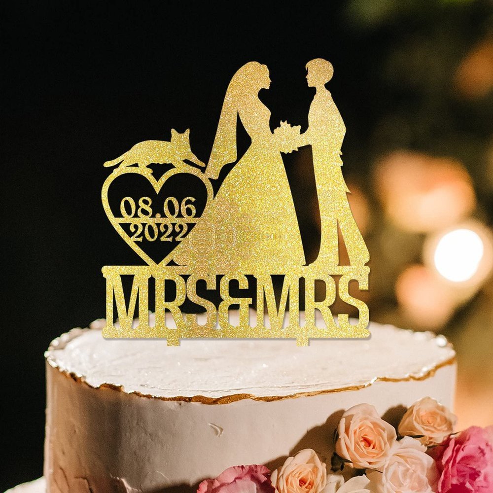 Bride Two Girl Silhouette Wedding Cake Topper with French Bulldog And Poodle Dog Lesbian Bride And Bride Cake Toppers Mrs & Mrs Cake Topper for Wedding LGBT Custom Toppers with Dog Acrylic Gold