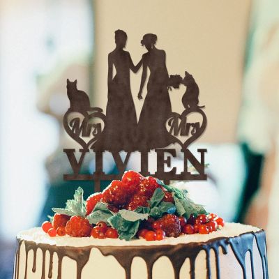 Lesbian Marriage Cake Topper Bride Mrs & Mrs Wedding Cake Topper Two Women Silhouette Wedding Cake Topper with English Bulldog Dog Silhouette Personalized Bride LGBT Toppers with Dog Brown Wood