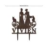 Lesbian Marriage Cake Topper Bride Mrs & Mrs Wedding Cake Topper Two Women Silhouette Wedding Cake Topper with English Bulldog Dog Silhouette Personalized Bride LGBT Toppers with Dog Brown Wood view 2