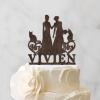 Lesbian Marriage Cake Topper Bride Mrs & Mrs Wedding Cake Topper Two Women Silhouette Wedding Cake Topper with English Bulldog Dog Silhouette Personalized Bride LGBT Toppers with Dog Brown Wood view 3