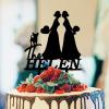 Lesbian Couple Silhouette Wedding Cake Topper Personalized Bride LGBT Toppers Mrs And Mrs Lesbians Cake Topper Same Sex Couple Rustic Cake Topper with Jack Russell Terrier And Corgi Dog Black Acrylic view 1