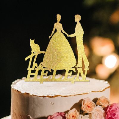 Lesbian Couple Silhouette Wedding Cake Topper Custom LGBTQ Cake Toppers Mrs And Mrs Lesbians Cake Topper Lesbian Bride And Bride Rustic Cake Toppers with Pit Bull Dog And Orange Cat Acrylic Gold