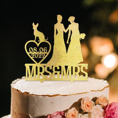 Mrs And Mrs Lesbians Cake Topper for Wedding Two Brides Rustic Cake Topper Two Women Silhouette Wedding Cake Topper with Rottweiler Dog Silhouette Custom LGBTQ Cake Toppers with Dog Acrylic Gold