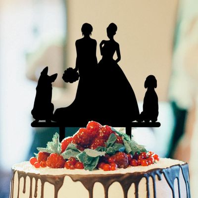 Mrs And Mrs Lesbians Wedding Cake Topper Two Brides Rustic Cake Topper Lesbian Couple Silhouette Wedding Cake Topper with German Shepherd Dog Silhouette Custom Same Sex Couple Toppers Black Acrylic
