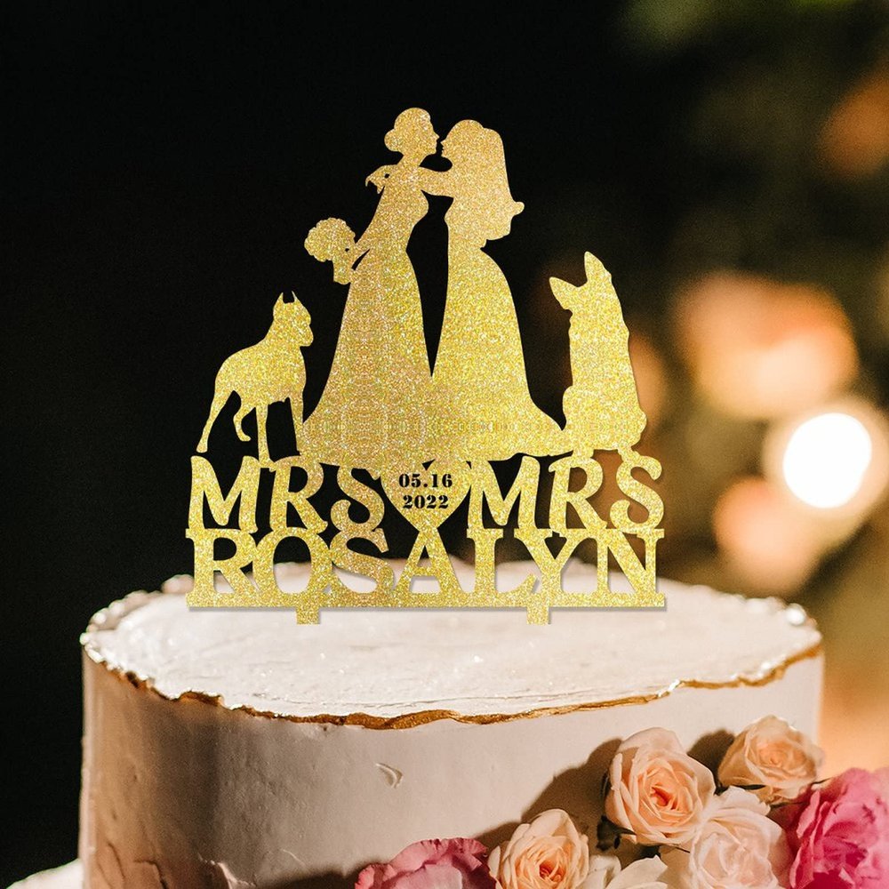 Bride And Bride Silhouette Wedding Cake Topper LGBT Hers Custom Cake Toppers Lesbian Bride And Bride Cake Toppers Mrs And Mrs Cake Topper for Wedding with Siberian Husky Dog Silhouette Acrylic Gold