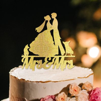 Lesbian Marriage Rustic Cake Topper Mrs And Mrs Wedding Cake Topper Two Brides Silhouette Wedding Cake Topper with French Bulldog And Chihuahua Dog Custom Same Sex Couple Toppers with Dog Acrylic Gold