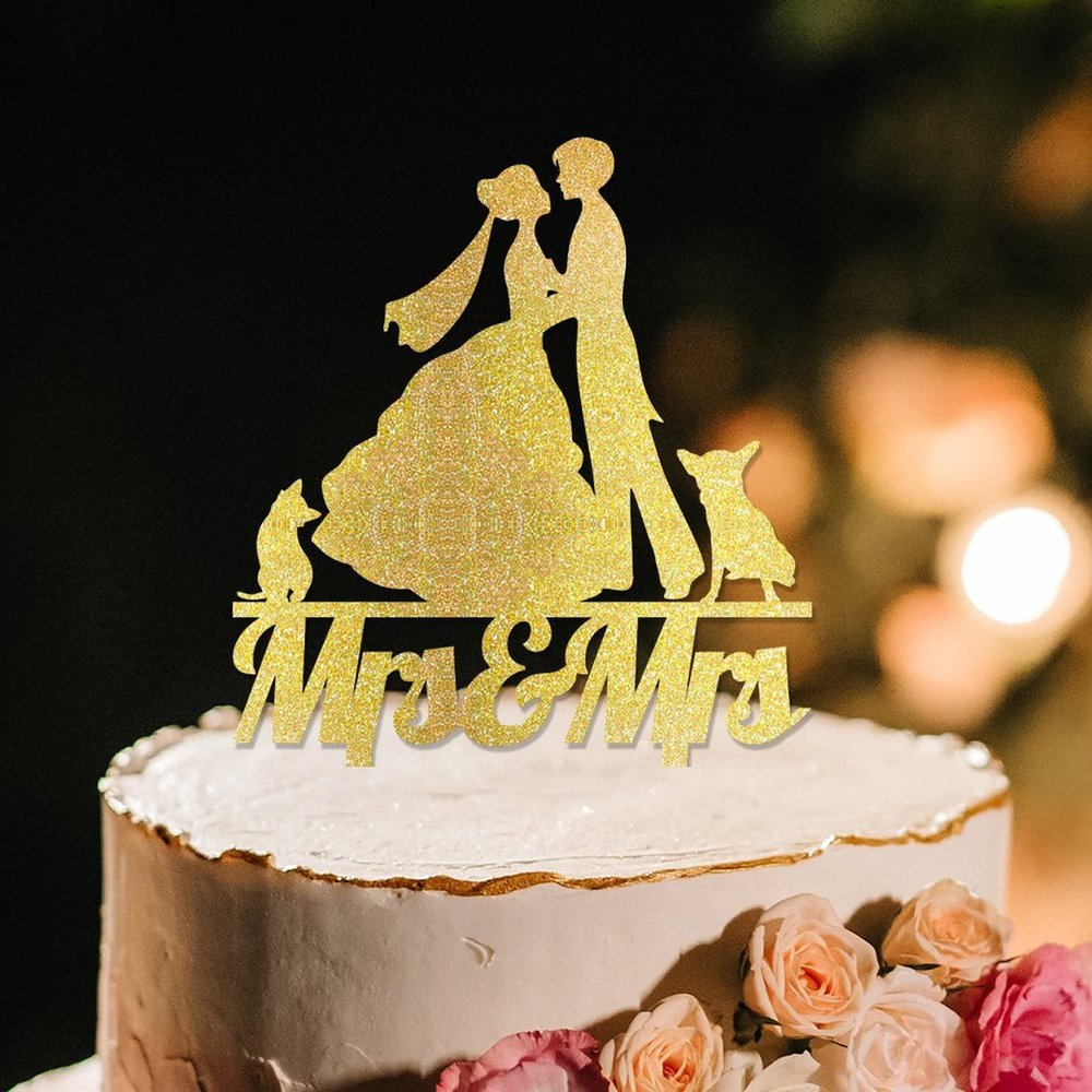 Lesbian Marriage Rustic Cake Topper Mrs And Mrs Wedding Cake Topper Two Brides Silhouette Wedding Cake Topper with French Bulldog And Chihuahua Dog Custom Same Sex Couple Toppers with Dog Acrylic Gold