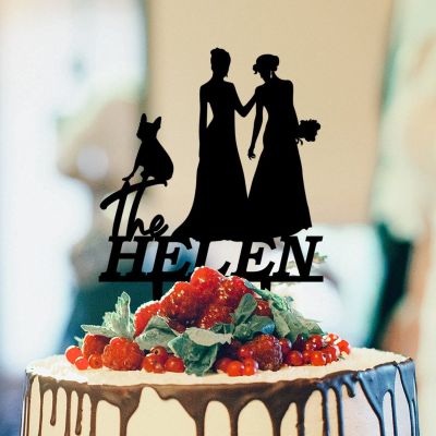 Bride Two Girl Silhouette Wedding Cake Topper with Sphynx Cat And English Bulldog Mrs And Mrs Lesbians Wedding Cake Topper Lesbian Bride And Bride Cake Toppers LGBTQ Custom Cake Toppers Black Acrylic