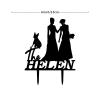 Bride Two Girl Silhouette Wedding Cake Topper with Sphynx Cat And English Bulldog Mrs And Mrs Lesbians Wedding Cake Topper Lesbian Bride And Bride Cake Toppers LGBTQ Custom Cake Toppers Black Acrylic view 2