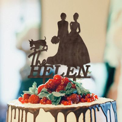 Lesbian Marriage Cake Topper Bride Mrs And Mrs Cake Topper for Wedding Lesbian Couple Silhouette Wedding Cake Topper with French Bulldog And Rottweiler Personalized LGBT Cake Decor with Dog Wood