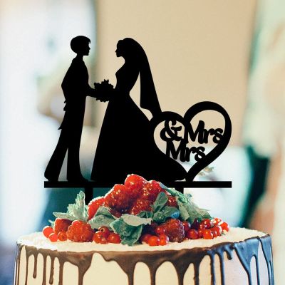 Bride Two Girl Silhouette Wedding Cake Topper Hers Custom Wedding Cake Decoration LGBT Silhouette Toppers Mrs And Mrs Lesbians Cake Topper for Wedding Bride And Bride Cake Toppers Black Acrylic