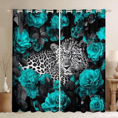 3D Cheetah Curtains Teal Rose Leopard Print Curtains & Drapes,Botanical Floral Blackout Curtains African Safari Animals Window Curtains Big Cat Wildlife Fur Hair Skin Wild Animal Room Decor 84"X84"