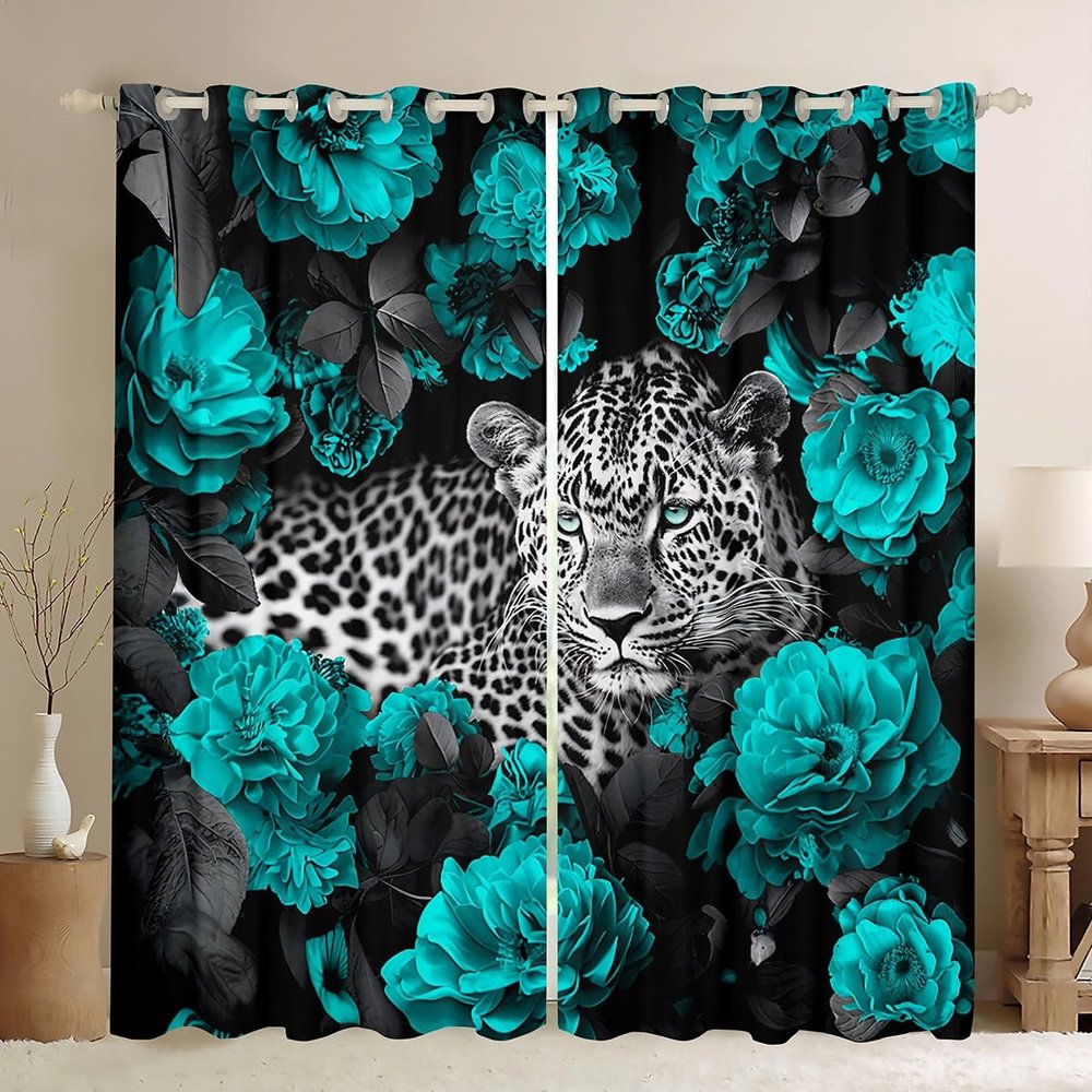 3D Cheetah Curtains Teal Rose Leopard Print Curtains & Drapes,Botanical Floral Blackout Curtains African Safari Animals Window Curtains Big Cat Wildlife Fur Hair Skin Wild Animal Room Decor 84"X84"