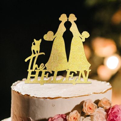 Lesbian Marriage Rustic Cake Topper Mrs And Mrs Wedding Cake Topper Bride And Bride Silhouette Wedding Cake Topper with Rottweiler And Chihuahua LGBT Hers Custom Cake Toppers Acrylic Gold