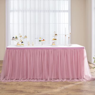108in Dusty Rose Tulle Table Skirt for Rectangle Tables 6/4ft, 2-Layer Gold Grim Blush Pink Ruffle Tulle Tutu Cloth Table Skirt 9ft for Wedding Birthday Party Baby Shower Dessert(No Table Cover)