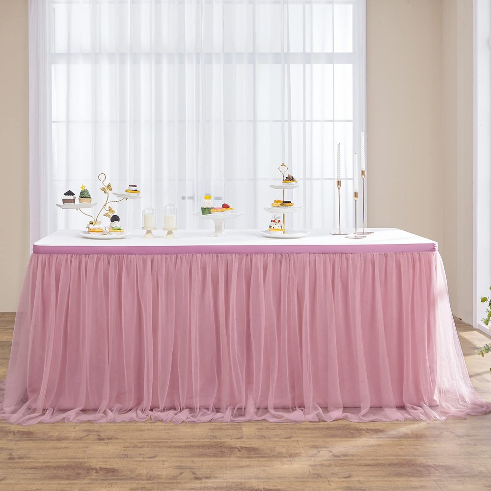 108in Dusty Rose Tulle Table Skirt for Rectangle Tables 6/4ft, 2-Layer Gold Grim Blush Pink Ruffle Tulle Tutu Cloth Table Skirt 9ft for Wedding Birthday Party Baby Shower Dessert(No Table Cover)