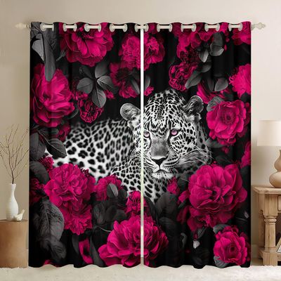 3D Cheetah Curtains Pink Rose Leopard Print Curtains & Drapes,Botanical Floral Blackout Curtains African Safari Animals Window Curtains Big Cat Wildlife Fur Hair Skin Wild Animal Room Decor 104"X90"