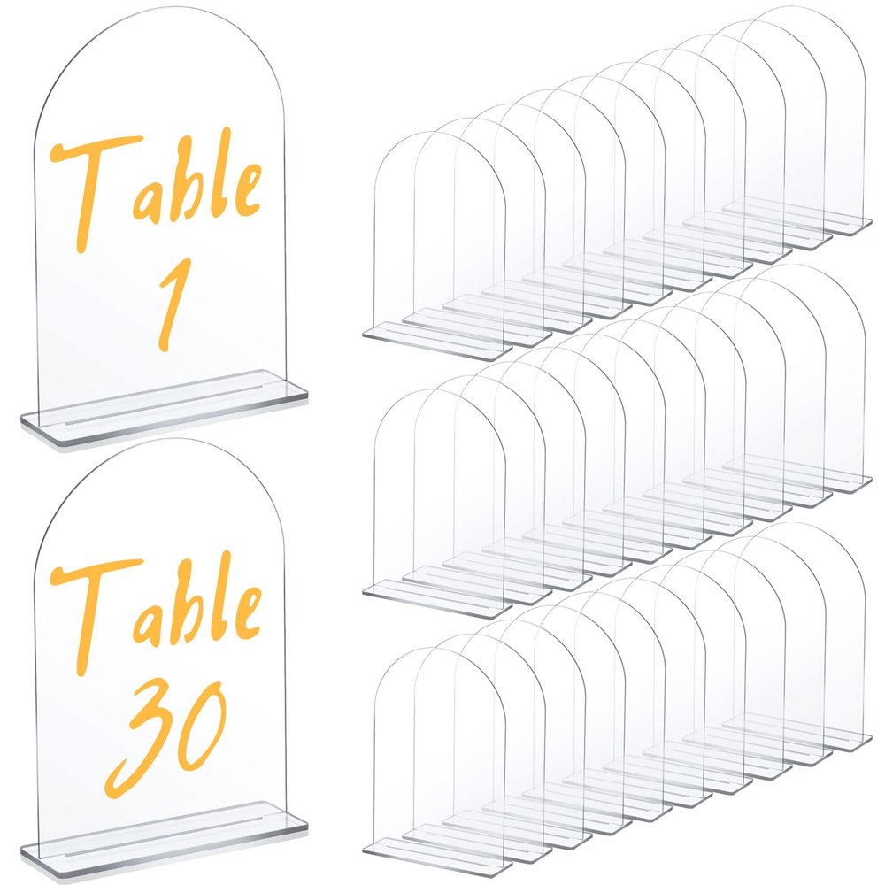 Juexica 30 Packs 5x7 Inch Clear Acrylic Arch Sign - Blank DIY Table Numbers with Stand for Weddings, Office Parties & Menus