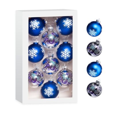 Amooca Christmas Colorful Glass Balls Decoration Festival Party Home Decors Holiday Xmas Tree Hanging Ornaments Set 9pc 2.65in Blue Silver Floral
