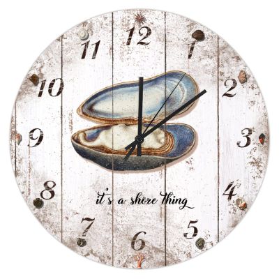 12-Inch Nautical Wall Clock It's A Shore Thing Albalone Vintage Summer Beach Decor Round Silent Wooden Clocks Ocean Themed Coastal Seashell Clock for Classroom Playroom Nursery Bedrooms Kids Room
