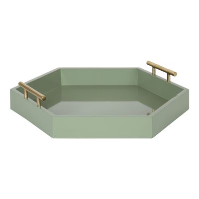 Kate and Laurel Lipton Modern Hexagon Tray; 18 x 18; Sage Green with Gold Handles; Midcentury Decorative Serving Tray for Storage and Display in Living Room Decor Scheme