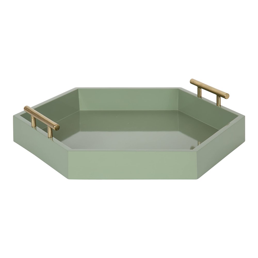Kate and Laurel Lipton Modern Hexagon Tray; 18 x 18; Sage Green with Gold Handles; Midcentury Decorative Serving Tray for Storage and Display in Living Room Decor Scheme