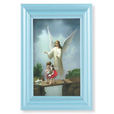 Guardian Angel Picture, Pearlized Blue 5-1/2"x7 Frame, Beaded Lip, Under Glass