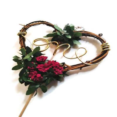 One Birthday Cake Topper in Rustic Style with Burgundy Flowers & Green Leaves