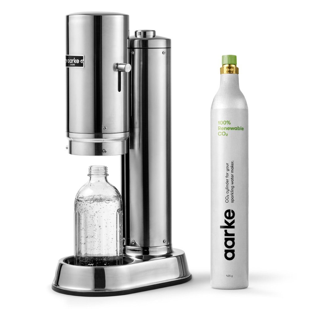 Aarke Carbonator Pro, Sparkling & Carbonation Water Machine, Stainless Steel with Glass Reusable Bottle Volume 800 mL/27 fl oz and CO2 Cylinder (Stainless)