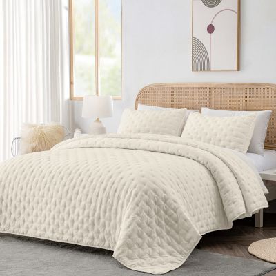 HIARUO 3-Piece King Quilt Set - Soft Warm Ultrasonic Reversible Coverlet Bedspread Set (104 x 90 Inch) with 2 Pillow Sham (20 x 26 Inch), Beige
