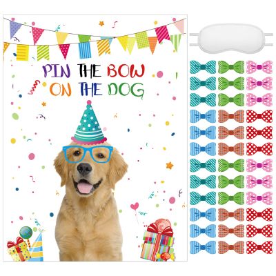 38 Pcs Pin The Bow on The Puppy Dog Party Games Give a Bow Pin Dog Poster with Blindfolds and Stickers for Puppy Themed Birthday Party Supplies Decorations