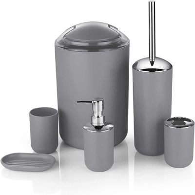 Bathroom Accessories Set 6 Pcs Luxury Bath Accessories Bath Set Toothbrush Holder,Lotion Bottles, Tooth Mug, Soap Dish, Toilet Brush, Trash Can,Gray