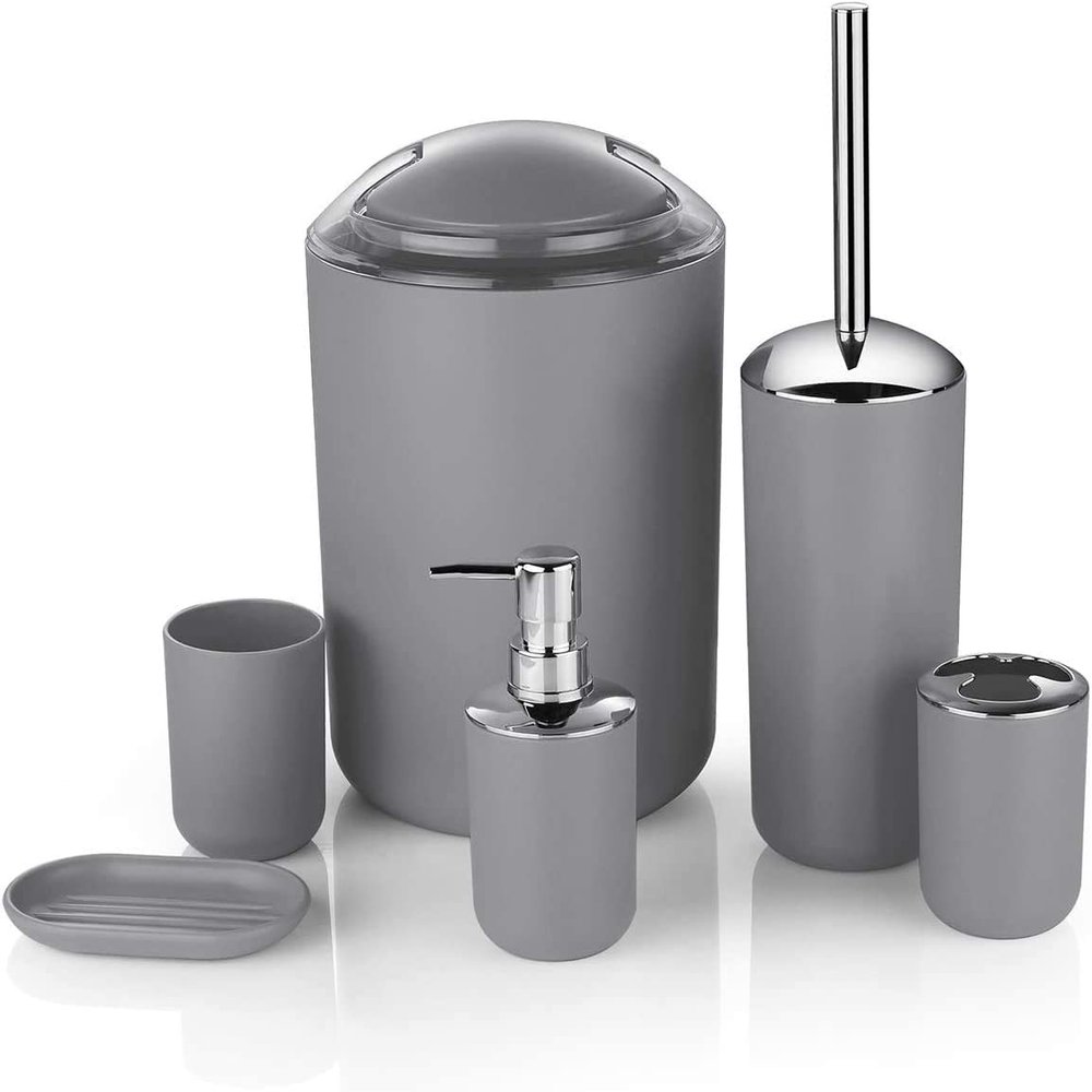 Bathroom Accessories Set 6 Pcs Luxury Bath Accessories Bath Set Toothbrush Holder,Lotion Bottles, Tooth Mug, Soap Dish, Toilet Brush, Trash Can,Gray