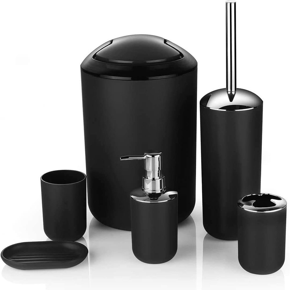 Bathroom Accessories Set 6 Pcs Luxury Bath Accessories Bath Set Toothbrush Holder,Lotion Bottles, Tooth Mug, Soap Dish, Toilet Brush, Trash Can,Black