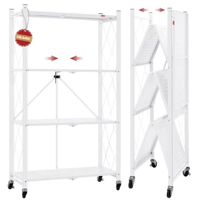 DEANIC 4 Tier Foldable Storage Shelves with Wheels, Large Capacity Shelving Unit, Freestanding Metal Wire Shelf Rack, No Assembly Organizer Rack for Garage Kitchen, Basement, Pantry(White)