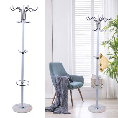 67" Metal Coat Tree Free Standing - Modern Black White Coat Racks with 16 Hooks - Hat Jacket Stand Tree Holder Hanger w/Marble Base (White)