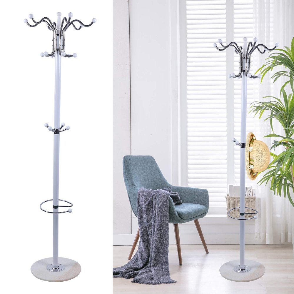 67" Metal Coat Tree Free Standing - Modern Black White Coat Racks with 16 Hooks - Hat Jacket Stand Tree Holder Hanger w/Marble Base (White)