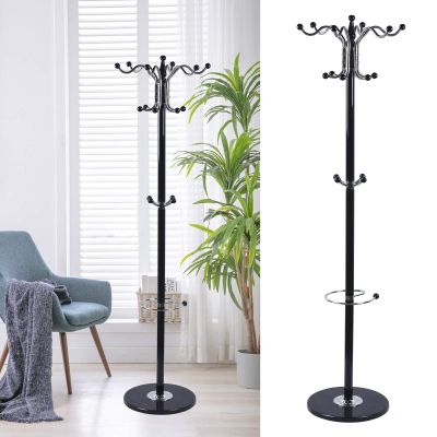 67" Metal Coat Tree Free Standing - Modern Black White Coat Racks with 16 Hooks - Hat Jacket Stand Tree Holder Hanger w/Marble Base (Black)
