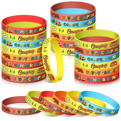 Zomiboo 36 PCS Camping Party Favors Silicone Bracelets Wristbands Happy Camper Party Supplies Birthday Decoration for Camping Adventure Birthday Party Theme