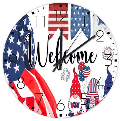 15 Inch Wood Wall Clocks Welcome Patriotic 4th of July Gnome Home Decor for Kitchen Farmhouse National Flag Independence Day Wall Clocks Round Wooden Wall Clock Vintage for Dining Room Warehouse