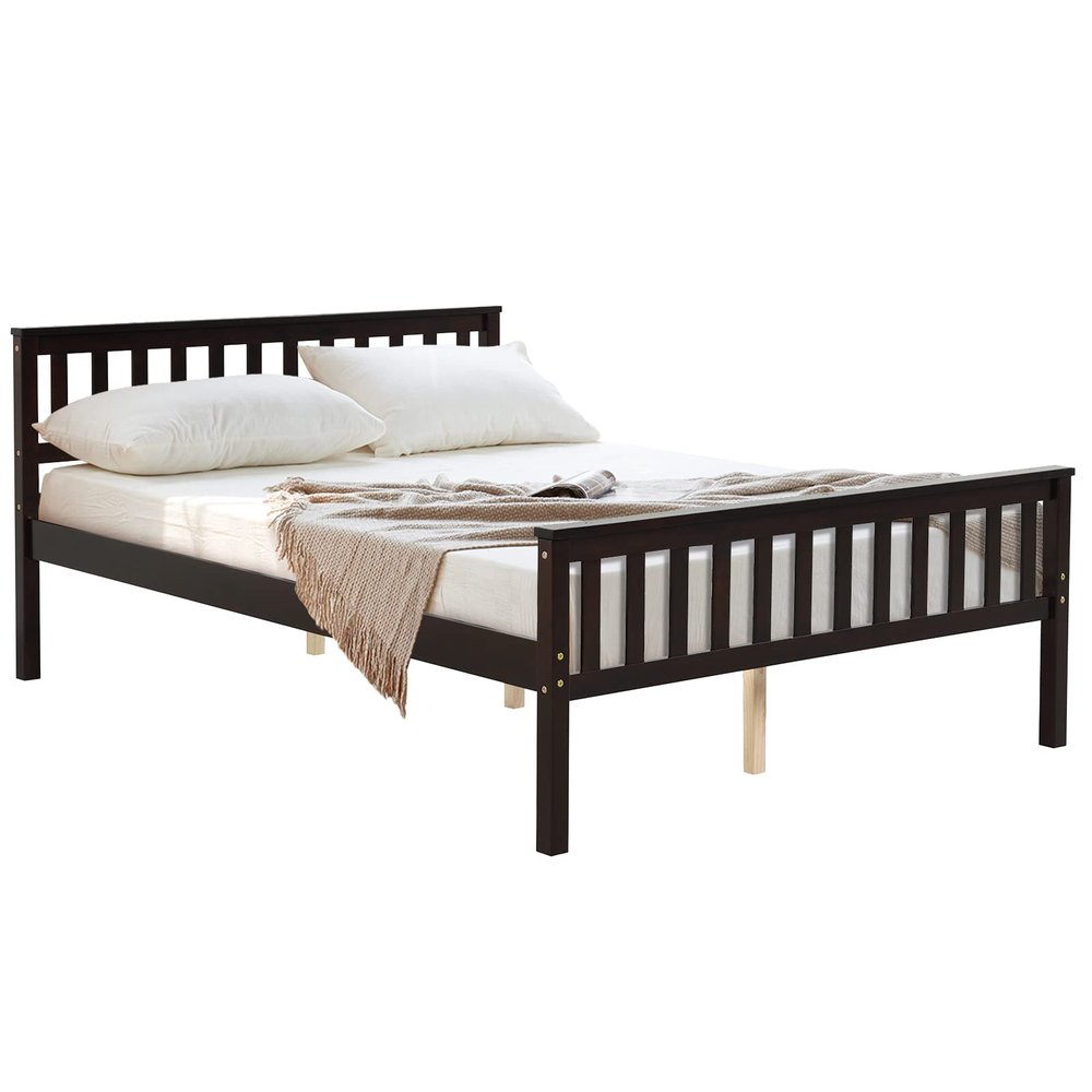 KOMFOTT Wood Bed Frame Full Size, Platform Bed Frame w/Headboard & Footboard, Bed Mattress Foundation w/ 8-Slat Platform & 12-inch Height for Under-Bed Storage, No Box Spring Needed