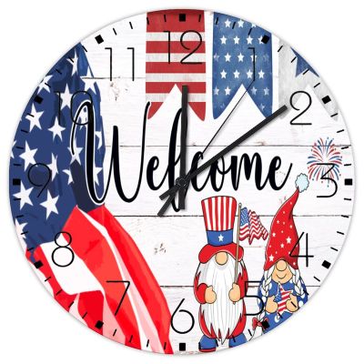 15 Inch Silent Wall Clock 4th of July Welcome Decorations Gnomes Wooden Wall Decor for Cafe Shop Custom Patriotic Stars and Stripes Wall Clocks Round Wooden Wall Clock Vintage for Church Fitness Room