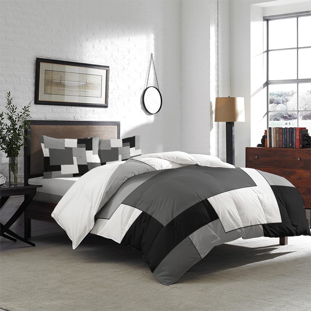 Abstract Geometric 4 Piece Duvet Cover Bedding Set King Size, Black Gray and White Mid Century Modern Luxury Soft Bedding Set Comforter Cover (1 Duvet Cover + 1 Bed Sheets + 2 Pillowcases)
