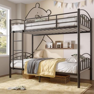 Alohappy Twin Over Twin Bunk Bed Frame, Convertible to 2 Separate Twin Beds, Metal Bed Frame with Removable Ladder & Guardrails, Space Saving Design (Black)