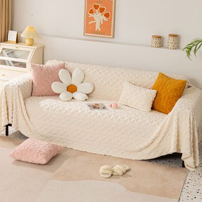 XSlive Soft Plush Sofa Couch Cover Boho Geometric Pattern Jacquard Sofa Slipcover Solid Color Lightweight Decorative Throw Blanket Furniture Cover for Sofa Bed (Beige,70"x70")