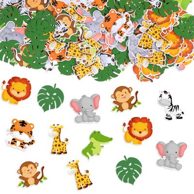 300 Pieces Jungle Animal Confetti, Zoo Shaped Glitter Woodland Leaves Confetti Table Decorations for Wild One Baby Shower Birthday Party Favors Supplies