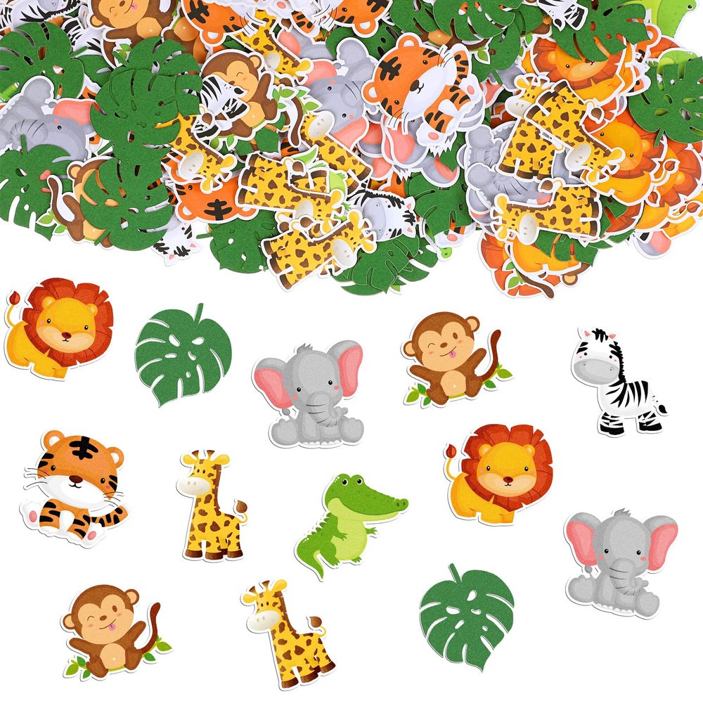 300 Pieces Jungle Animal Confetti, Zoo Shaped Glitter Woodland Leaves Confetti Table Decorations for Wild One Baby Shower Birthday Party Favors Supplies