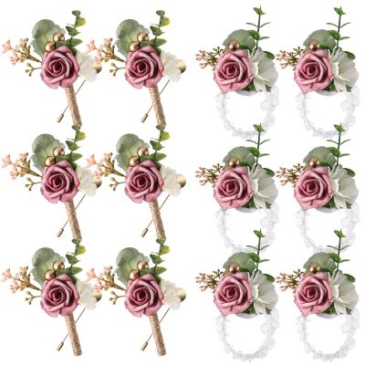 12 Pcs Wedding Wrist Corsage and Boutonniere Set Rose Wrist Corsage for Prom Boutonniere for Men Wedding Flowers Accessories Prom Suit Decorations for Wedding Ceremony Anniversary (Dusty Rose)